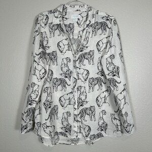 Cynthia Rowley size L long sleeve button up shirt white wild cats linen tiger